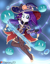 Size: 1459x1854 | Tagged: safe, artist:tabrony23, imported from derpibooru, rarity, equestria girls, cape, clothes, cosplay, costume, cute, detached sleeves, female, genshin impact, giant hat, gloves, hat, high heels, high res, leotard, looking at you, magic, mona (genshin impact), pantyhose, patreon, patreon logo, shoes, show accurate, slimes (genshin impact), socks, solo, solo female, stockings, thigh highs, water, witch hat