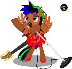 Size: 2942x2793 | Tagged: safe, artist:kyoshyu, imported from derpibooru, oc, oc only, oc:bucolique, pegasus, pony, clothes, crossdressing, dress, guitar, high res, male, microphone, musical instrument, simple background, solo, stallion, transparent background