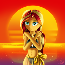 Size: 1500x1500 | Tagged: safe, artist:jphyperx, imported from derpibooru, sunset shimmer, equestria girls, equestria girls series, beach, bedroom eyes, belly button, clothes, female, hair twirl, midriff, retrowave, sarong, sexy, solo, sun, sunset, swimsuit, synthwave