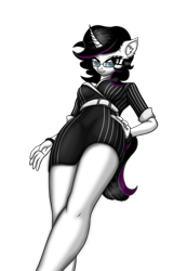 Size: 2209x3197 | Tagged: safe, artist:maxiclouds, imported from derpibooru, oc, oc only, oc:silver predator, anthro, unicorn, clothes, dress, glasses, high res, legs, oc solo, solo
