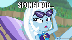 Size: 800x450 | Tagged: safe, edit, edited screencap, imported from derpibooru, screencap, trixie, equestria girls, equestria girls series, forgotten friendship, beach chair, caption, chair, clothes, image macro, mermaid man and barnacle boy, solo, spongebob squarepants, swimsuit, text