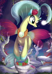 Size: 1024x1449 | Tagged: safe, artist:neoshrek, imported from derpibooru, princess skystar, hippogriff, seapony (g4), my little pony: the movie, bioluminescent, blue mane, bubble, clothes, coral, eyelashes, female, fins, fish tail, flower, flower in hair, glow, glowing, jewelry, necklace, ocean, open mouth, pearl necklace, red wings, seashell, see-through, shell, smiling, solo, swimming, tail, underwater, water, wings