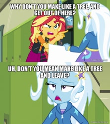 Size: 800x900 | Tagged: safe, edit, edited screencap, imported from derpibooru, screencap, sunset shimmer, trixie, equestria girls, equestria girls series, forgotten friendship, back to the future, caption, image macro, text