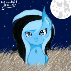 Size: 500x500 | Tagged: safe, artist:mudmee-thai, imported from derpibooru, oc, oc only, earth pony, pony, bust, earth pony oc, eyelashes, female, full moon, mare, moon, night, outdoors, signature, smiling, stars