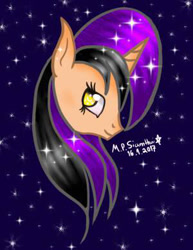 Size: 300x388 | Tagged: safe, artist:mudmee-thai, imported from derpibooru, oc, oc only, pony, unicorn, bust, eyelashes, female, horn, mare, night, signature, smiling, solo, stars, unicorn oc