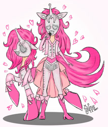 Size: 1277x1500 | Tagged: safe, artist:mudmee-thai, imported from derpibooru, oc, oc only, human, pony, unicorn, boots, clothes, duo, female, heart, high heel boots, horn, human ponidox, humanized, mare, mask, microphone, self ponidox, shoes, signature, simple background, singing, unicorn oc, white background