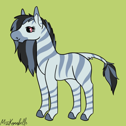 Size: 2000x2000 | Tagged: safe, artist:misskanabelle, imported from derpibooru, oc, oc only, oc:periwinkle plains, pony, zebra, eyelashes, female, green background, high res, leonine tail, mare, signature, simple background, solo, zebra oc