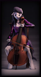 Size: 3840x7200 | Tagged: safe, artist:imafutureguitarhero, imported from derpibooru, octavia melody, anthro, earth pony, unguligrade anthro, 3d, abstract background, absurd resolution, alternate mane, bolero jacket, border, bow (instrument), cello, cheek fluff, chromatic aberration, clothes, colored eyebrows, colored eyelashes, corset, cute, detailed hair, ear fluff, ear piercing, earring, female, film grain, fluffy, fur, jacket, jewelry, knee fluff, leg fluff, mare, musical instrument, nose wrinkle, one ear down, pendant, piercing, playing instrument, revamped anthros, revamped ponies, signature, sitting, skirt, smiling, solo, source filmmaker, tavibetes, vertical