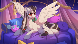 Size: 3000x1688 | Tagged: safe, artist:redchetgreen, imported from derpibooru, oc, oc only, oc:indicia, pegasus, pony, bed, concave belly, female, high res, night, pegasus oc, red eyes, slim, solo, stars, thin, wings