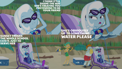 Size: 1280x720 | Tagged: safe, edit, edited screencap, editor:quoterific, imported from derpibooru, screencap, snails, snips, trixie, equestria girls, equestria girls series, forgotten friendship, beach, beach chair, belly button, chair, clothes, eyes closed, female, hypocrisy, hypocritical humor, male, midriff, open mouth, sandals, sunglasses, swimsuit, water
