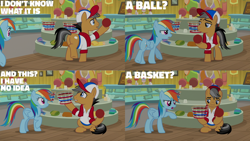 Size: 1280x720 | Tagged: safe, edit, edited screencap, editor:quoterific, imported from derpibooru, screencap, quibble pants, rainbow dash, earth pony, pegasus, pony, common ground, season 9, spoiler:s09, ball, basket, female, hat, male, mare, open mouth, stallion