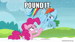 Size: 800x450 | Tagged: safe, edit, edited screencap, imported from derpibooru, screencap, pinkie pie, rainbow dash, earth pony, pegasus, pony, party pooped, season 5, caption, duo, duo female, female, flying, gritted teeth, hoofbump, image macro, lesbian, miraculous ladybug, pinkiedash, pound it, shipping, snow, teeth, text