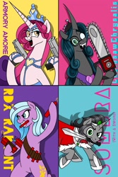 Size: 1365x2048 | Tagged: safe, artist:d00tnibba, artist:razzy, idw, imported from derpibooru, king sombra, princess amore, queen chrysalis, radiant hope, changeling, changeling queen, pony, unicorn, chainsaw, dynamite, explosives, fangs, female, glasses, gun, jewelry, male, mare, mirror universe, reformed, reformed sombra, regalia, reversalis, stallion, sword, weapon