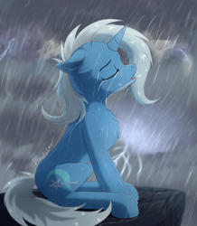 Size: 2469x2825 | Tagged: safe, artist:waverane, imported from derpibooru, trixie, pony, unicorn, eyes closed, female, high res, lightning, mare, open mouth, rain, sitting, solo