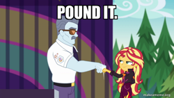 Size: 800x450 | Tagged: safe, edit, edited screencap, imported from derpibooru, screencap, max steele, sunset shimmer, human, equestria girls, equestria girls series, sunset's backstage pass!, spoiler:eqg series (season 2), caption, clothes, duo, female, fist bump, image macro, male, miraculous ladybug, pound it, sunglasses, text