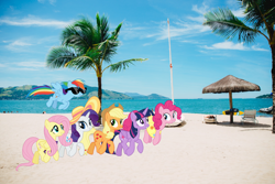 Size: 2400x1600 | Tagged: safe, artist:cloudy glow, artist:cloudyglow, imported from derpibooru, applejack, fluttershy, pinkie pie, rainbow dash, rarity, twilight sparkle, alicorn, earth pony, pegasus, pony, unicorn, beach, best friends until the end of time, brazil, female, hat, irl, mane six, mare, photo, ponies in real life, rio de janeiro, story included, sunglasses, tree, twilight sparkle (alicorn), vector
