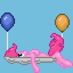 Size: 384x384 | Tagged: safe, artist:nitobit, imported from derpibooru, pinkie pie, earth pony, pony, animated, balloon, female, gif, hammock, lying, mare, party balloon, pixel art, simple background