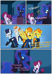 Size: 3000x4242 | Tagged: safe, artist:moonatik, imported from derpibooru, part of a set, blaze, fire streak, nightmare moon, soarin', spitfire, oc, unnamed oc, alicorn, pegasus, pony, alternate timeline, belt, boots, casual nightmare moon, clothes, comic, dialogue, dress, ethereal mane, female, glasses, high res, jacket, jewelry, male, mare, missing accessory, necklace, new lunar millennium, nightmare takeover timeline, onomatopoeia, part of a series, shirt, shoes, stallion, sweater, tail bun, tanktop, text, this will not end well, wonderbolts