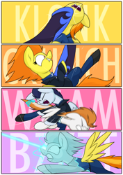 Size: 3000x4242 | Tagged: safe, artist:moonatik, imported from derpibooru, part of a set, blaze, fire streak, nightmare moon, soarin', spitfire, alicorn, pegasus, pony, abuse, alternate timeline, armor, clothes, comic, dialogue, ethereal mane, female, fight, high res, jacket, magic, male, mare, new lunar millennium, nightmare takeover timeline, part of a series, petrification, punch, stallion, tanktop, text, violence, wonderbolts