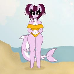Size: 3543x3543 | Tagged: safe, artist:chubbehbunneh16, imported from derpibooru, oc, oc only, anthro, original species, shark, shark pony, unguligrade anthro, arm behind back, beach, body freckles, breasts, cleavage, clothes, eye clipping through hair, female, freckles, gradient mane, high res, mare, shoulder freckles, simple background, solo, swimsuit