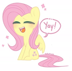 Size: 1808x1765 | Tagged: safe, artist:inkp0ne, artist:softpound, imported from derpibooru, fluttershy, pegasus, pony, blushing, chibi, cute, dialogue, eyes closed, female, flutteryay, mare, no nose, open mouth, shyabetes, simple background, sitting, solo, speech bubble, white background, yay
