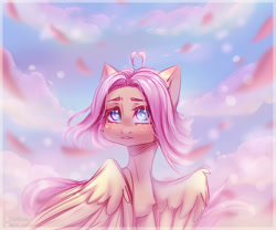 Size: 3000x2500 | Tagged: safe, artist:zefirka, imported from derpibooru, fluttershy, pegasus, pony, alternate hairstyle, blushing, chest fluff, cloud, high res, sky, solo