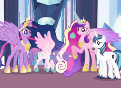 Size: 900x650 | Tagged: safe, artist:soft_angel, imported from derpibooru, princess cadance, princess flurry heart, shining armor, twilight sparkle, alicorn, pony, unicorn, pony creator, the last problem, bags under eyes, base used, bowing, crown, hoof shoes, jewelry, older, older flurry heart, older princess cadance, older shining armor, older twilight, peytral, princess twilight 2.0, regalia, tiara, twilight sparkle (alicorn), ultimate cadance