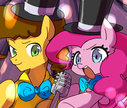 Size: 700x600 | Tagged: safe, artist:770nanao15, imported from derpibooru, cheese sandwich, pinkie pie, earth pony, pony, pinkie pride, bowtie, duo, female, hat, make a wish, male, mare, microphone, open mouth, scene interpretation, stallion, top hat