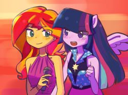 Size: 2275x1693 | Tagged: safe, artist:770nanao15, imported from derpibooru, sunset shimmer, twilight sparkle, alicorn, equestria girls, rainbow rocks, duo, female, microphone, open mouth, ponied up, scene interpretation, sleeveless, twilight sparkle (alicorn), welcome to the show