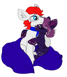 Size: 1512x1745 | Tagged: safe, artist:sajimex, imported from derpibooru, oc, oc only, oc:rae (min), earth pony, pegasus, pony, blanket, clothes, covered in scars, cut, dissociative identity disorder, duo, female, happy, hug, mare, persecutor, purple nipples, reference used, scar, scarf, self harm scars, simple background, smiling, transparent background