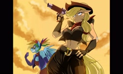 Size: 2900x1740 | Tagged: safe, artist:traupa, imported from derpibooru, applejack, rainbow dash, anthro, earth pony, pegasus, afternoon, bandage, belly button, belt, belt buckle, breasts, busty applejack, busty rainbow dash, cleavage, clothes, cloud, cowboy hat, curvy, fingerless gloves, freckles, gloves, gun, hand on hip, hat, hay, hay stalk, hourglass figure, long gloves, mouth hold, neckerchief, ponytail, sky, smiling, sunglasses, weapon, wings