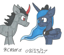 Size: 805x700 | Tagged: safe, artist:cmara, imported from derpibooru, king sombra, princess luna, alicorn, pony, unicorn, duo, female, frown, implied lumbra, looking at each other, lumbra, male, mare, shipping, stallion, straight, traditional art