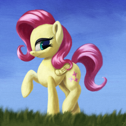 Size: 2595x2594 | Tagged: safe, artist:flusanix, imported from derpibooru, fluttershy, pegasus, pony, female, folded wings, grass, high res, looking at you, mare, outdoors, profile, raised hoof, smiling, solo, standing, wings