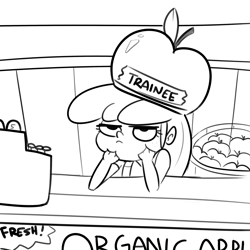 Size: 3000x3000 | Tagged: safe, artist:tjpones, imported from derpibooru, apple bloom, equestria girls, apple, black and white, cash register, female, food, freckles, grayscale, grumpy, hand on chin, hat, high res, monochrome, solo