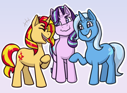 Size: 4066x2996 | Tagged: safe, artist:verikoira, imported from derpibooru, starlight glimmer, sunset shimmer, trixie, pony, unicorn, eyes closed, female, grin, hangover, laughing, magical trio, mare, open mouth, simple background, smiling, trio, trio female, white background