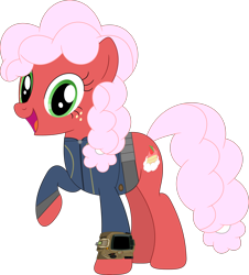 Size: 3210x3557 | Tagged: safe, artist:ponygamer2020, artist:porygon2z, imported from derpibooru, oc, oc only, oc:strawberry fluffcake, earth pony, pony, fallout equestria, absurd resolution, clothes, earth pony oc, fallout, female, high res, jumpsuit, looking at you, mare, open mouth, pipboy, simple background, solo, teeth, transparent background, vault suit, vector