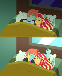 Size: 4194x5165 | Tagged: safe, artist:floonasif, imported from derpibooru, sunset shimmer, oc, oc:ruby sword, equestria girls, bed, bed hair, bedroom, bedsheets, canon x oc, clothes, cute, female, insomnia, looking at each other, male, morning, night, pajamas, playing with hair, shimmerbetes, shipping, show accurate, sleeping, smiling, snuggling, straight, sunset's apartment, sunsword, tired, tired eyes, window