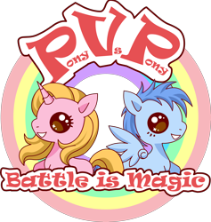 Size: 4500x4755 | Tagged: safe, artist:artix entertainment, artist:jemini, imported from derpibooru, oc, oc only, pegasus, pony, unicorn, .svg available, absurd resolution, chibi, female, flash game, logo, male, mare, pony vs pony, rainbow, raised hoof, simple background, stallion, svg, transparent background, vector