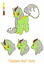 Size: 1490x2160 | Tagged: safe, artist:chaary, imported from derpibooru, oc, oc only, oc:golden koi, kirin, braid, male, reference sheet, solo, trap