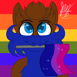 Size: 1200x1200 | Tagged: safe, artist:jay_wackal, imported from derpibooru, oc, oc only, oc:rubik, earth pony, pony, :3, bisexual pride flag, colored pupils, cute, ear fluff, gay pride, lgbt, male, original character do not steal, pride, pride flag, smiling, solo, sparkly eyes, stallion, starry eyes, wingding eyes