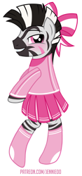 Size: 561x1200 | Tagged: safe, artist:jennieoo, imported from derpibooru, oc, oc only, oc:lost way, semi-anthro, zebra, blushing, cheerleader, clothes, crossdressing, cute, femboy, male, ribbon, show accurate, socks, solo, stockings, thigh highs