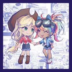 Size: 540x540 | Tagged: safe, artist:alice_xjy, imported from derpibooru, kotobukiya, applejack, pinkie pie, rainbow dash, sunset shimmer, twilight sparkle, human, appledash, boots, braid, busy background, chibi, chinese, chinese character, clothes, comic page, cowboy boots, cowboy hat, denim skirt, desert, fangs, female, freckles, glasses, goggles, hat, holding hands, humanized, kotobukiya applejack, kotobukiya rainbow dash, lesbian, looking at each other, multicolored hair, one eye closed, open mouth, ponytail, shading, shipping, shoes, shorts, skirt, smiling, standing, sweatband, tied shirt, wink