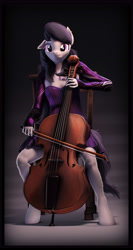 Size: 3840x7200 | Tagged: safe, artist:imafutureguitarhero, imported from derpibooru, octavia melody, anthro, earth pony, unguligrade anthro, 3d, abstract background, absurd resolution, alternate mane, bolero jacket, border, bow (instrument), cello, cheek fluff, chromatic aberration, clothes, colored eyebrows, colored eyelashes, corset, cute, detailed hair, ear fluff, ear piercing, earring, female, film grain, fluffy, fur, jacket, jewelry, knee fluff, leg fluff, mare, musical instrument, nose wrinkle, pendant, piercing, playing instrument, revamped anthros, revamped ponies, signature, sitting, skirt, smiling, solo, source filmmaker, tavibetes, vertical