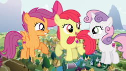 Size: 1920x1080 | Tagged: safe, artist:8-notes, artist:hellswolfeh, imported from derpibooru, apple bloom, scootaloo, sweetie belle, earth pony, pegasus, pony, unicorn, cutie mark crusaders, female, filly, giant pony, giantess, macro, ponyville, story included, trio