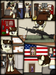 Size: 1750x2333 | Tagged: safe, artist:99999999000, imported from derpibooru, oc, oc only, oc:cwe, oc:firearm king, oc:holly stone, oc:susie cotes, oc:wilson cotes, fish, pony, unicorn, comic:visit, american flag, aquarium, clothes, comic, computer, door, family photo, glue, gun, hammer, m249, male, politics, screwdriver, soda, solo, tool, weapon, workshop, wrench