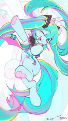 Size: 1080x1920 | Tagged: safe, artist:pkt3stptzliprff, imported from derpibooru, pony, blushing, hatsune miku, headphones, jewelry, microphone, necklace, one eye closed, open mouth, open smile, ponified, smiling, wink