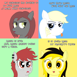 Size: 1500x1500 | Tagged: safe, imported from ponybooru, oc, oc only, oc:aryanne, oc:leslie fair, oc:molly tov, oc:veronika, anarcho-capitalism, anarcho-communism, communism, implied genocide, meme, nazi, political compass, racism, text