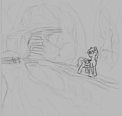 Size: 845x807 | Tagged: safe, artist:barhandar, imported from ponybooru, oc, oc only, oc:quiet trail, pegasus, pony, bag, bridge, brook, forest, male, monochrome, rough sketch, saddle bag, sketch, smiling, solo, stallion