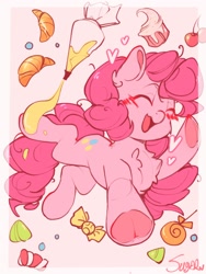 Size: 1080x1440 | Tagged: safe, artist:pkt3stptzliprff, imported from derpibooru, pinkie pie, blushing, bread, candy, cherry, chest fluff, croissant, cupcake, cute, diapinkes, ear fluff, eyes closed, food, frosting, happy, heart, icing bag, lollipop, open mouth, pink background, simple background, smiling, solo