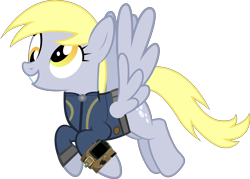 Size: 10459x7507 | Tagged: safe, artist:ponygamer2020, artist:silentmatten, edit, edited screencap, imported from derpibooru, screencap, derpy hooves, pegasus, pony, fallout equestria, absurd resolution, clothes, fallout, female, flying, grin, jumpsuit, not a vector, pipboy, simple background, smiling, solo, transparent background, vault suit, vector